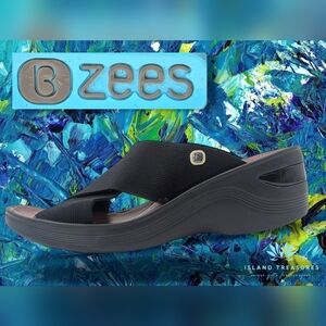 BZees Desire Wedge Slide Sandal Women Sz 7M Black CrisscrossStretch Fabric Upper